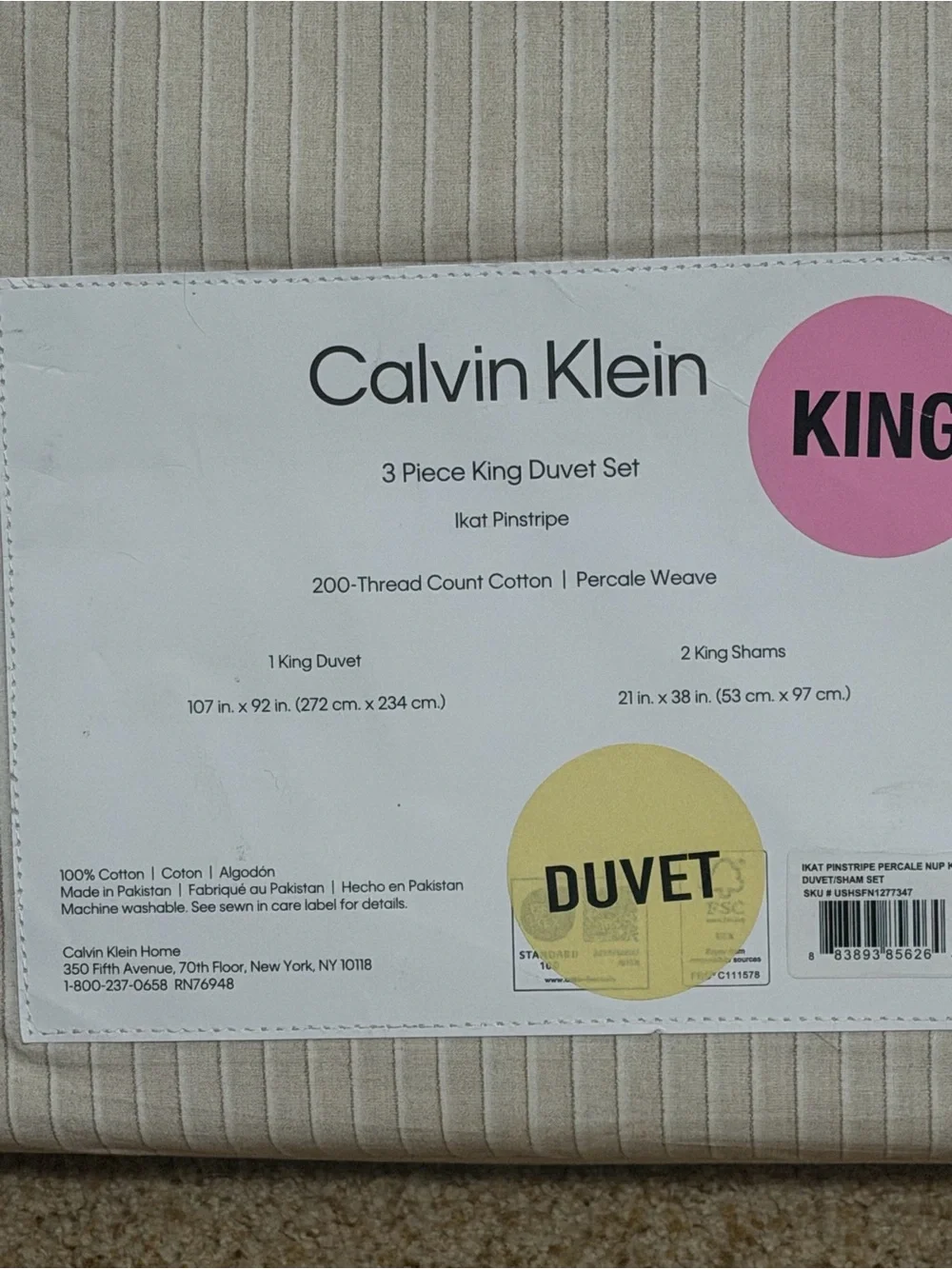 Calvin Klein King Duvet Set - Beige Pinstripe